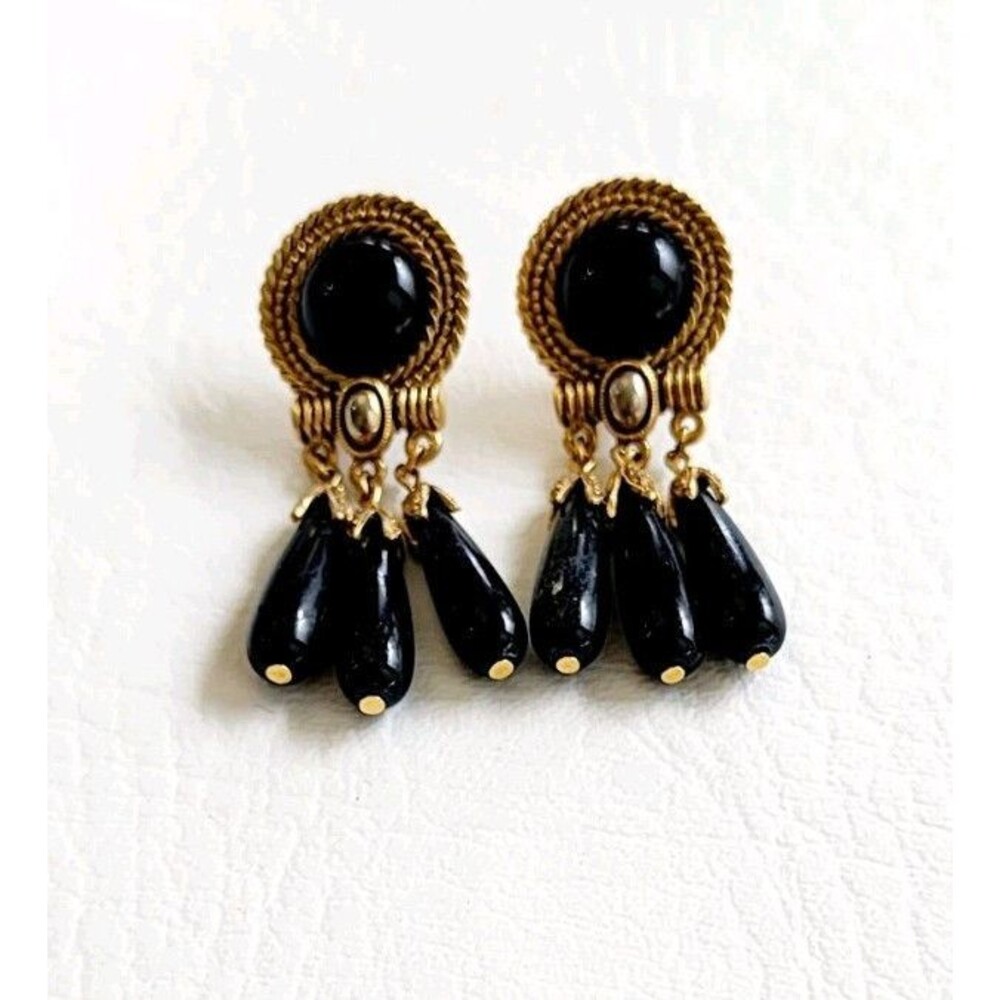 Vintage 1928 Clip On Black Acrylic Beads Dangling Earrings 2"